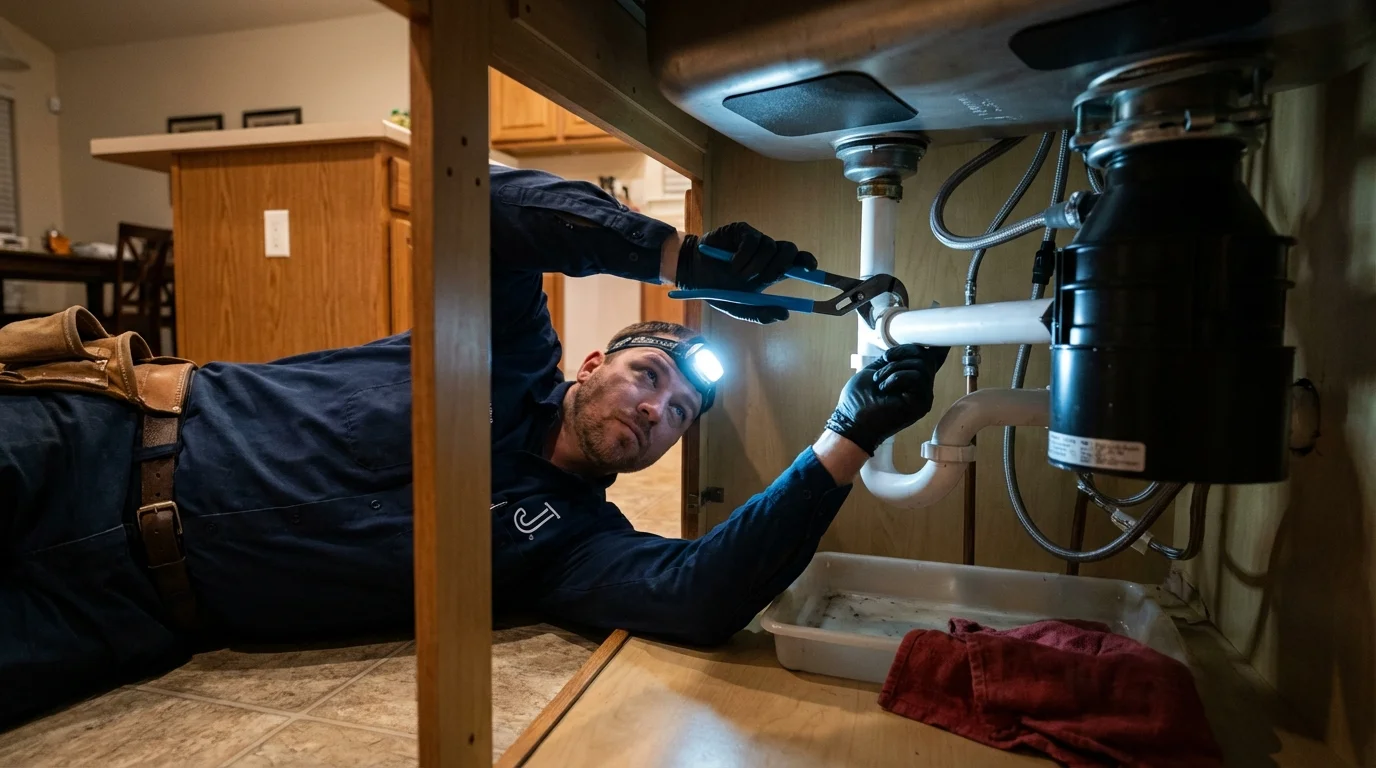 P-trap and supply line connections under a kitchen sink showing a common leak point in Medina, OH